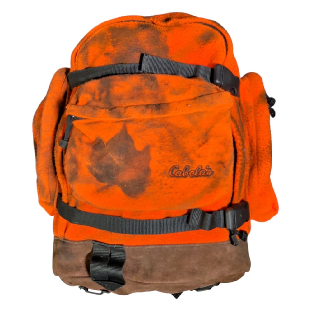 Vintage Cabela Backpack Fleece Bag Camouflage Leather Orange 90s Hunting Outdoor